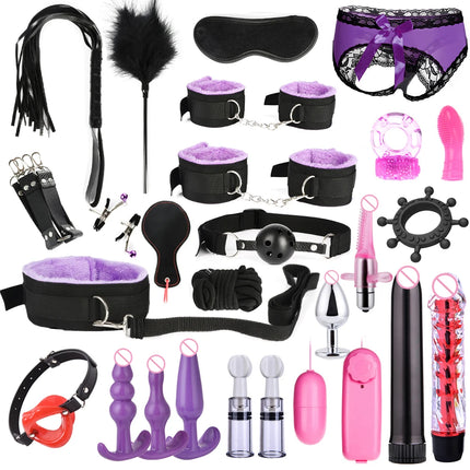 Hot Exotic Bed Bondage Set BDSM Kits Exotic Sex Toys For Women Adults Games Leather Handcuffs Whip Gag Nipple Clamps Sex Shop