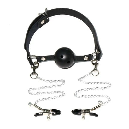 1Pc Erotic Toy PU Leather Mouth Gag Ball Oral Sex With Chain Clip Breast Nipple Clamps Bondage Harness Sex Toys Adult Games
