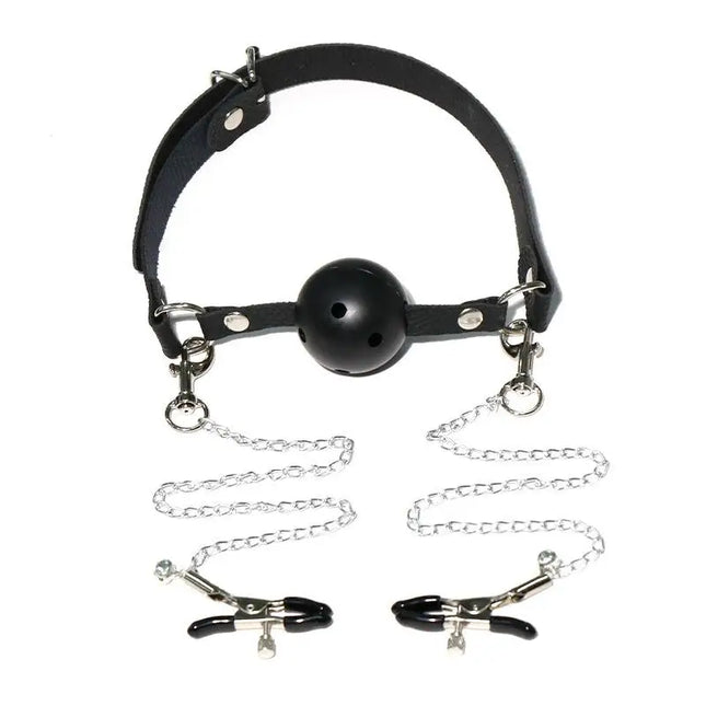 1Pc Erotic Toy PU Leather Mouth Gag Ball Oral Sex With Chain Clip Breast Nipple Clamps Bondage Harness Sex Toys Adult Games