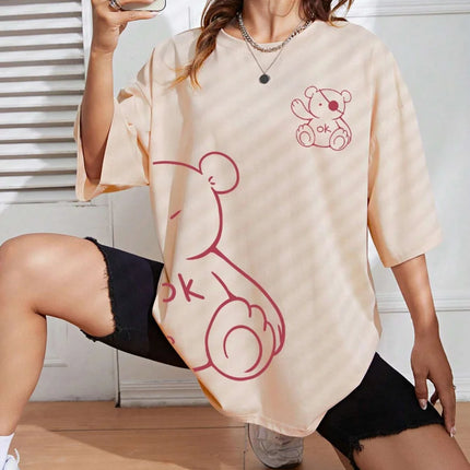 Womans Cotton T-Shirts Kawaii OK Teddy Bear Graphic Prints Tees Fashion Summer Casual Female Clothes Comfortable Street Tops