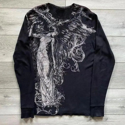 Fashionable men's autumn personalized skull letter print micro elastic comfortable long sleeved T-shirt outdoor street style top
