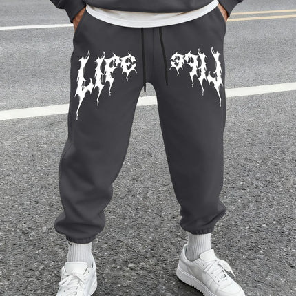 Men's Aesthetic Dark Gothic Letter Art Print Sweatpants Elastic Waist Joggers Cozy Goth Daily Street Fashion Bottoms