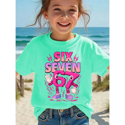 Pure cotton children's T-shirt 2026 trendy cool number 67 cartoon print for boys and girls summer casual parent-child wear