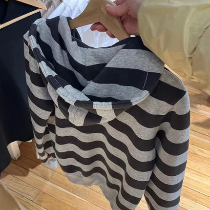 Striped Patchwork Zip-up Hoodie Autumn Cotton Pocket Drawstring Hooded Sweatshirt Women Y2k Streetwear Vintage Loose Tops Jacket