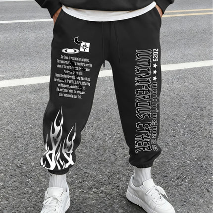 Men Retro Gothic Vertical Letter Flame & Planet Graphic Joggers Elastic Cuff Cozy Loose Fit Urban Casual Street Sweat Pants