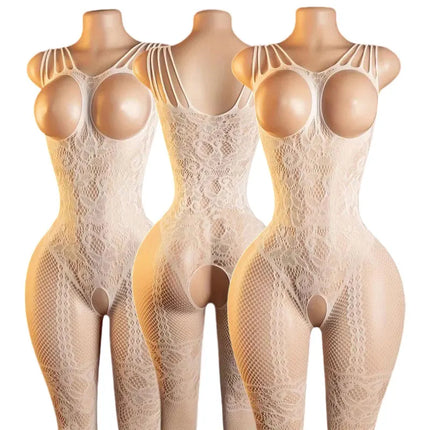 Women's Sexy Crotchless Body Stockings Open Chest Transparent Cut-out Hot Curve Lingerie Teddy Bodysuit with Bra And Crotch