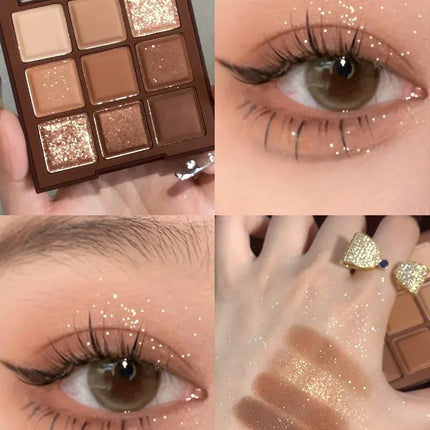 9 Colors Glitter Eyeshadow Palette Chocolate Brown Shimmer Matte Acrylic Eye Shadows Palette Waterproof Korean Makeup Cosmetics