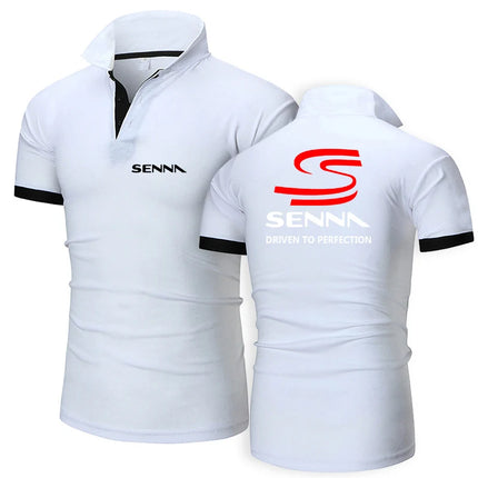 2025 Summer Man's Ayrton Senna Logo Print Trendy Breathable Loose New Solid Color Casual Short Sleeve Lapel Collar Polo Shirt