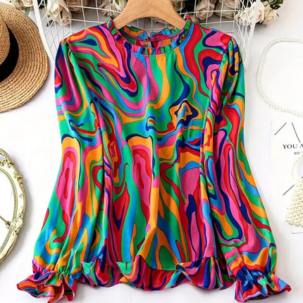 Plus Size 1XL-5XL Women Fashion Round Neck Long Sleeve Print Blouse Shirts Ladies Casual   Boho Blouse Shirt Top