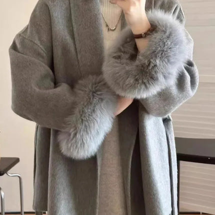 DFDG Short Lace-Up Lapel Cashmere Wool Coat for Women's Fashion Temperament 2024 Autumn and Winter New Collection