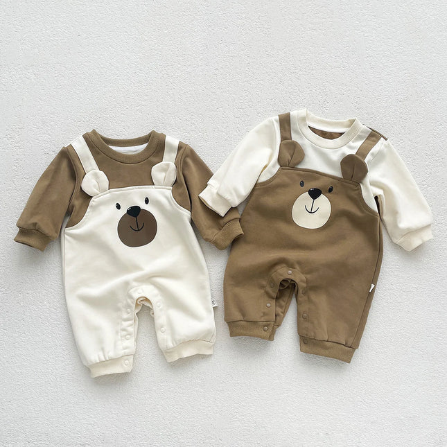 Autumn Baby Bodysuit Little Bear Pattern Two-Tone Long Sleeve Warm Jumpsuit Baby Clothes Baby Boys Girls Romper 0-2 Years Old