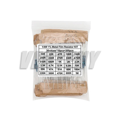 300/600PCS 30Values 1/4W Metal Film Resistor Kit with Box 10Ohm ~1M Resistance 1% Set of Resistors