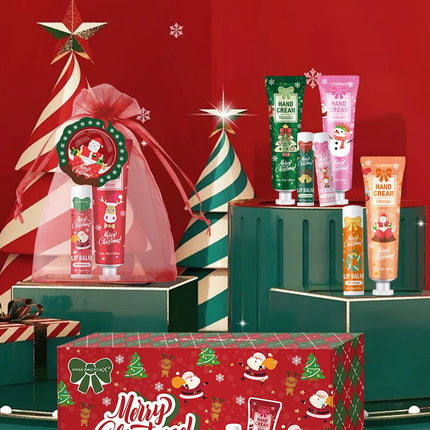 Christmas kit-10 sets/box hand cream kit, lip balm set, with Santa Card and red gift bag, party gift distribution