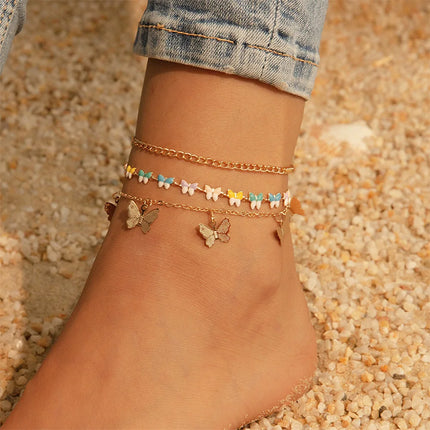 3pcs/set Layered Butterfly Anklet Set: Stackable Foot Jewelry for Beach Days & Free-Spirited Style.
