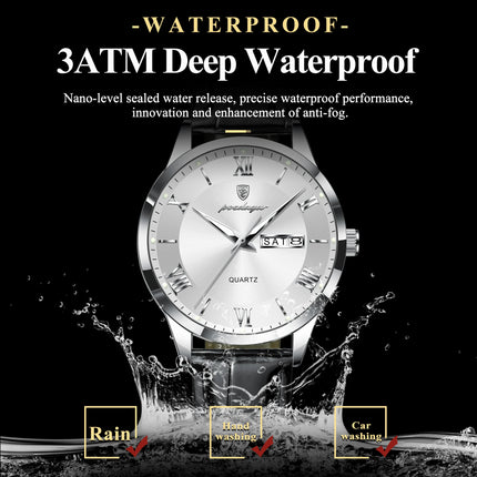 POEDAGAR Classic Luxury Men's Wristwatch Date Week Leather Business Man Watch Waterproof Luminous Fashion Quartz Watches For Men