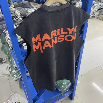 Summer Rock Manson Pattern Print Vintage American High Street Casual Loose Cotton Washed Tank Top Trendy Hip Hop Men Vest