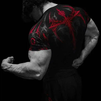 GYM T-shirt Men's Dark Gothic Print Muscle Tee  High Elasticity And Quick Drying Exercise For Bodybuilding Training 2025 Summer