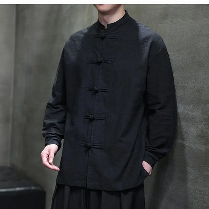 Chinese Style Men Long Sleeve Casual Shirt New 2026 Spring Vintage Mandarin Collar Loose Male Cotton Linen Tops Shirts N055