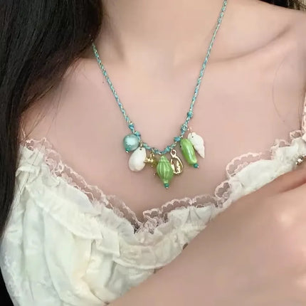 Cute Green Ceramic Fish Conch Shell Starfish Mushroom Pendant Bead Choker Neck Necklace For Women Summer Beach Vacation Jewelry