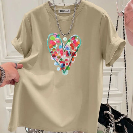 Summer Fashion Hand-Painted Polka Dot Printing T-shirts Women Pure Cotton O-neck Short Sleeve Top Tees Casual Loose Pullover