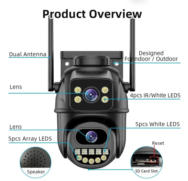 4K 8MP WiFi Surveillance Camera, AI Human Detect, Dual Lens, 4X Digital Zoom, Outdoor Security PTZ IP Cameras