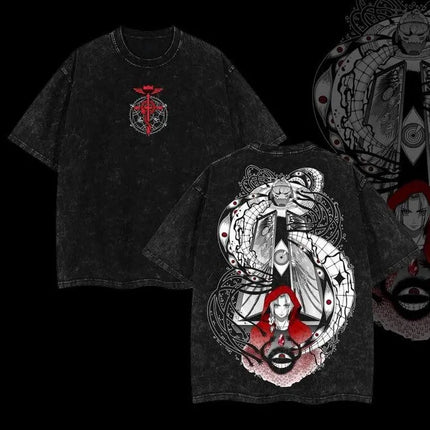 Vintage Washed Alchemist Symbol T-shirt Red and Black Anime Shirt Anime Lover Gift Graphic Print Oversized Washed Trendy T-shirt