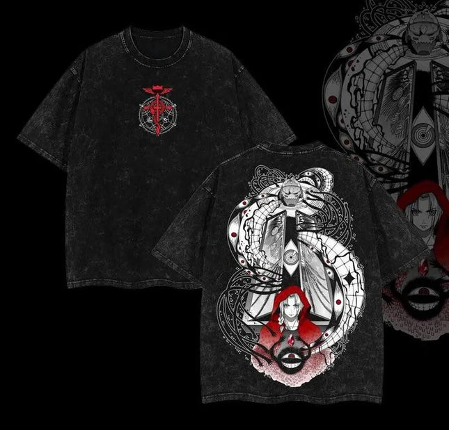 Vintage Washed Alchemist Symbol T-shirt Red and Black Anime Shirt Anime Lover Gift Graphic Print Oversized Washed Trendy T-shirt
