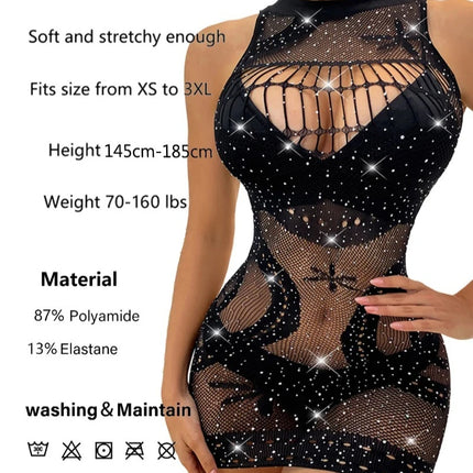 Sexy Rhinestone Fishnet Lingerie for Women, See Through Mesh Hollow Out Bodysuit, Sparkly Y2K Hot Lenceria One Outfit Piece