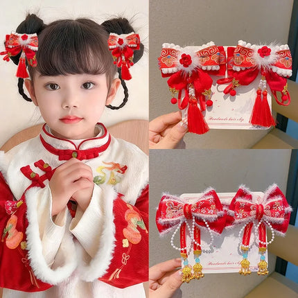 New Year Chinese-Style Hair Accessories Collection,Butterfly/Flower/Fan Designs with Fur Balls,Festive Clips for New Year Outfit