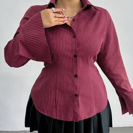 Plus Size College Stripe Slim Long Sleeve Shirt Fashion Graduation Season Long Sleeve Shirt Collar 2025 New