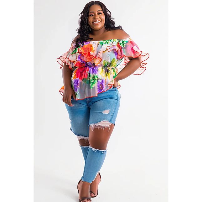 Plus Size Vacation Multicolor Floral Off The Shoulder Petal Sleeve Short Sleeve See Through Chiffon Tops