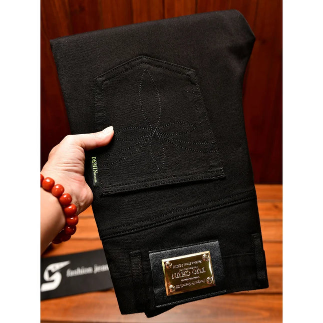 2025Autumn Fashion Simple Black Jeans for Men Trendy Embroidery Print Design Korean Style Stretch Slim Fit Skinny Pants