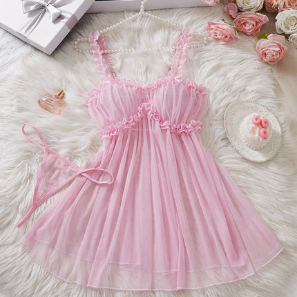 Women Perspective Mesh Nightdress Bow Wrapped Around Chest Pink Sexy Babydoll With Thong Erotic Sexy Lingerie Valentine Day Gift