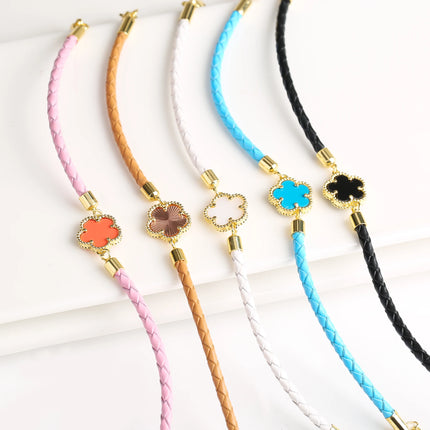 Classic Genuine Leather Woven Natural Stone Five Leaf Flower Charm Bracelet Fashion for Women Girls Party Wedding Jewelry Gift
