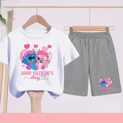 Disney 2026 Summer Round-neck Short-sleeved Set Girl Stitch Printed T-shirt Fashion Child Top+Shorts Casual Daily Sportswear Set