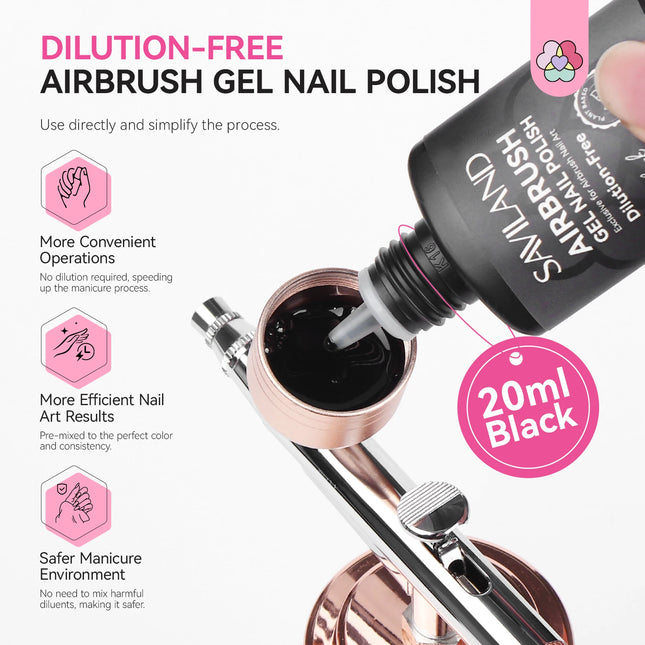 SAVILAND 20ml Black Airbrush Gel Polish No Dilution Needed Low Odor No Clogging for Ombre Stencil French Nail Art Gradients
