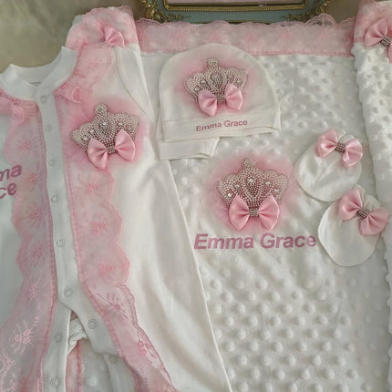5pcs Handmade DIY Vinyl Name Personalized Baby Girl Newborn Jewels Crown Pink Take Me Home Layette 5 Piece Deluxe Gift Set