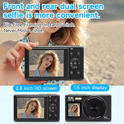 5K Dual Screen Digital Camera 80MP Retro CCD Photographic Cameras 8000W Pixel Auto Focus with 18x Zoom for Kid Adult Photography