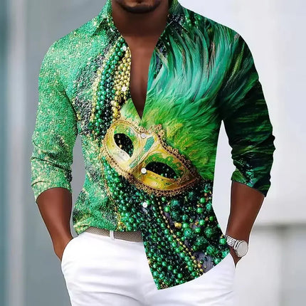 Mardi Gras Men's Carnival Beads Mask with Feathers Shirt Long Sleeve Fashion Casual Party Holiday 3D Print Button Up Shirts