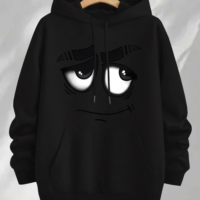 Men Women Gray Pullover Hoodie Viral Sad Cartoon Meme Face Big Eyes Graphic Casual Daily Teen Streetwear Top