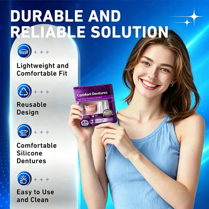 Moldable Silicone False Teeth for Men & Women, Upper Lower Set Fix Smile Fast, Free Denture Toothpaste & Toothbrush Included
