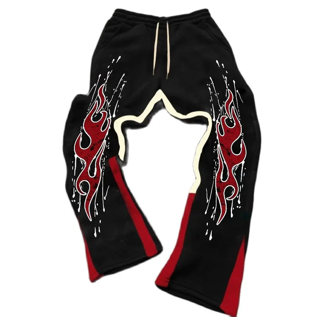 Men's Street Fashionable Slightly Flared Sweatpants with Striking Red Flame Prints Artfully Crafted from Polyester Fabric