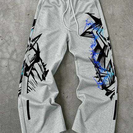 Y2K Abstract Blue Graffiti Geometric Print Mens Baggy Wide Leg Sweat Pants Loose Straight Drawstring Hip Hop Street Joggers