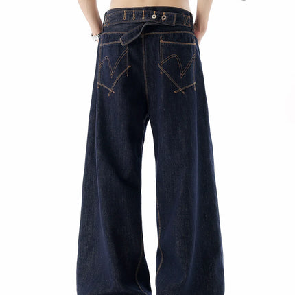 Men's Washed Vintage Blue Wideleg Jeans Spring Summer American Retro Denim Pants Loose Straight Trousers