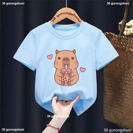 Funny T-Shirt Capybara With Turtle Loves Bubble Milk Tea Printed T-Shirt Girls/Boys Kawaii Kids Clothes Harajuku Shirt Tops