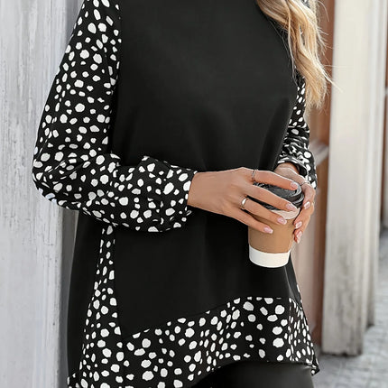Plus Size Polka Dot Top with Panel Design Elegant Black Long Sleeve Blouse for Vacation Chic and Versatile Casual Wear