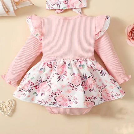 2PCS  Baby Girl Princess Romper Dress Long Sleeved Lovely Ribbed Floral Jumpsuit with Headband for Newborn Baby Girl 0-18 Months