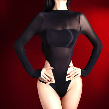 Oil Shiny Bodysuit 5D Stocking Jumpsuit Women Long Sleeve Silky and Smooth Crotchless Romper Tight Fitting Underwear Transparent