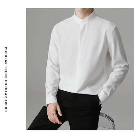 New Autumn Men's Shirt Lightweight Chic Korean Style Slim Fit Ice Silk Long Sleeve Casual Business Shirt Trendy