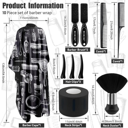10 in 1 Hair Cutting Barber Cape Set with Neck Duster, Brush, Neck Strips, Hair Combs & Clips - Professional Salon Accessories